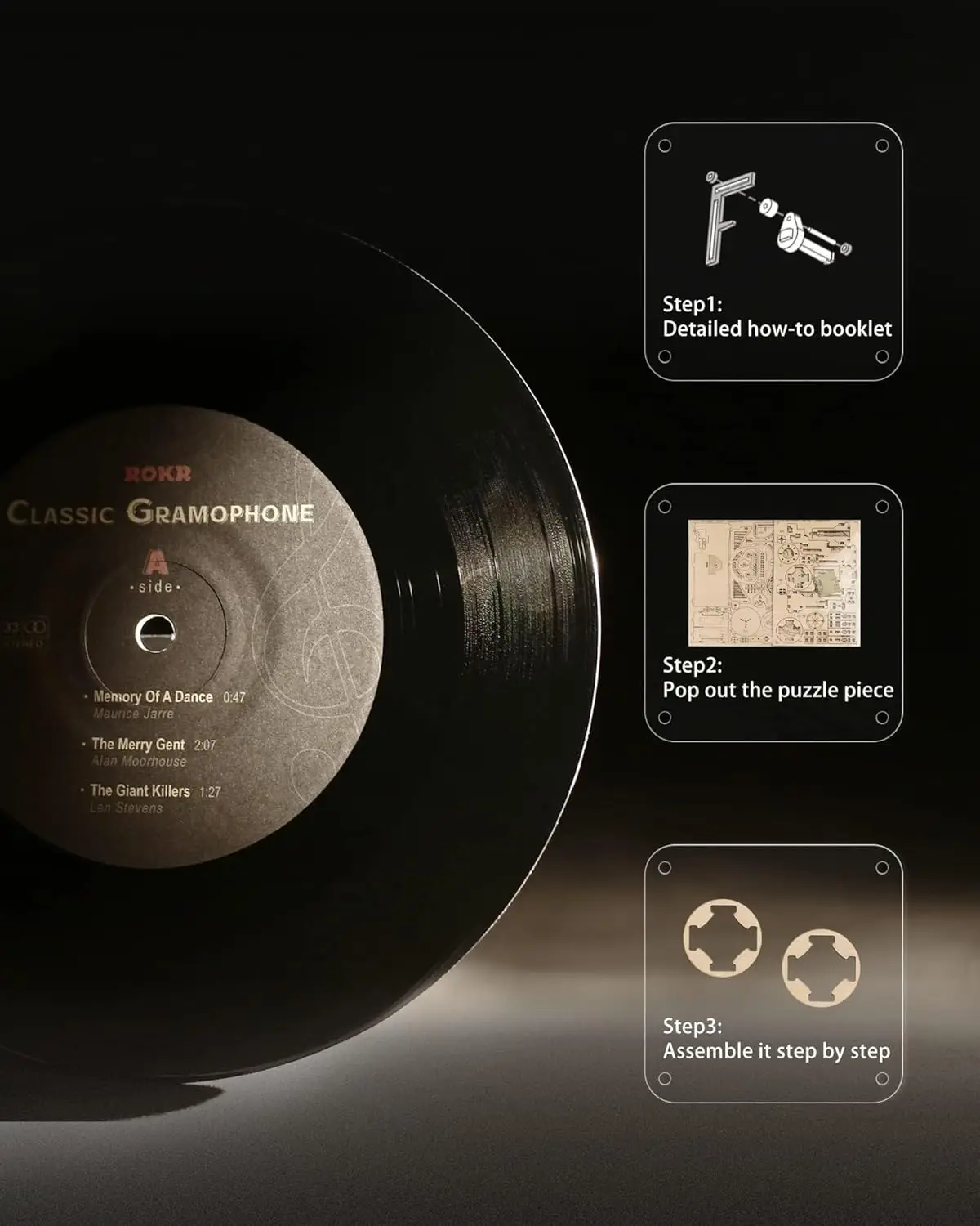 로보타임 3단 속도 조절 가능 축음기 3D 나무 퍼즐 모델 조립 키트 424피스 DIY 목공예 키트 - 남녀공용 방 장식