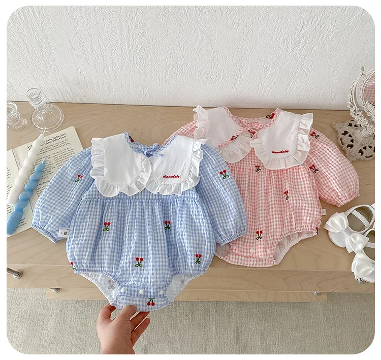 Nette Puppe Kragen Kinder Mädchen Strampler Baby Mädchen Herbst Gestickte Kirsche Strampler Langarm Prinzessin Neugeborenen Kind Kleidung – Detail 6