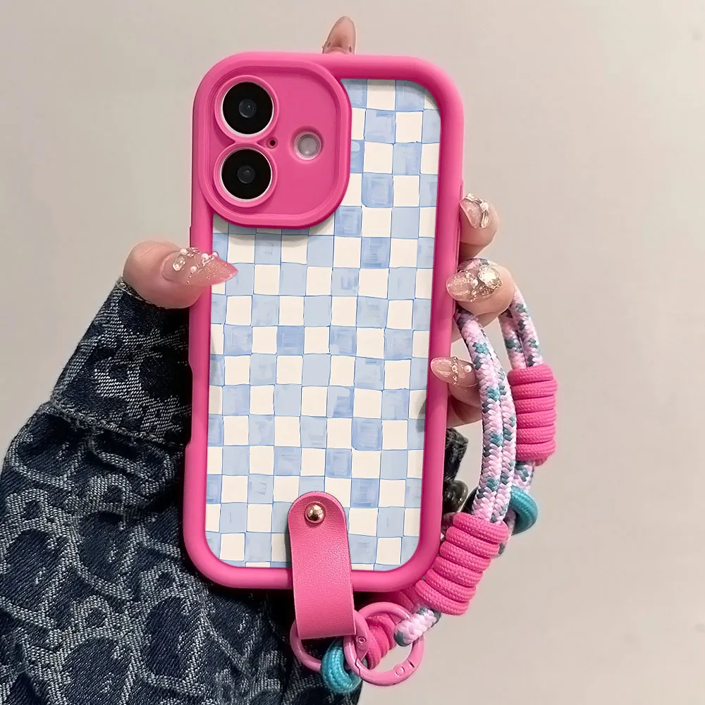 Watercolor Grid Checkered Lanyard Phone Strap Case