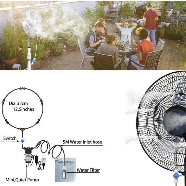 Hordozható Ködös Készlet Ventilátorokhoz 5Db Sárgaréz Sprinkler Fúvókák Mini Csendes 24 V -Os Szivattyúval