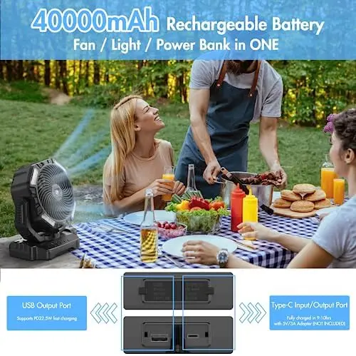 

Rechargeable Camping Fan, Battery Operated Oscillating Outdoor Fan, Battery Powered Table Fan for Home Hurricane Jobsite Garage,