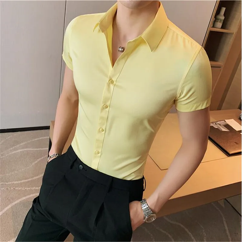 Summer Men Fashion Casual Short Sleeve Solid Shirt Super Slim Fit Male Social Business Dress Shirt Brand Men Casual Dress Blouse cotton shirt