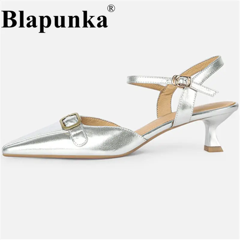 

Blapunka Handmade Women Gold Sheepskin Sandals Double Buckle Summer Shoes Ladies Silver Medium Heels Sandal Size 33-40 Sandalias