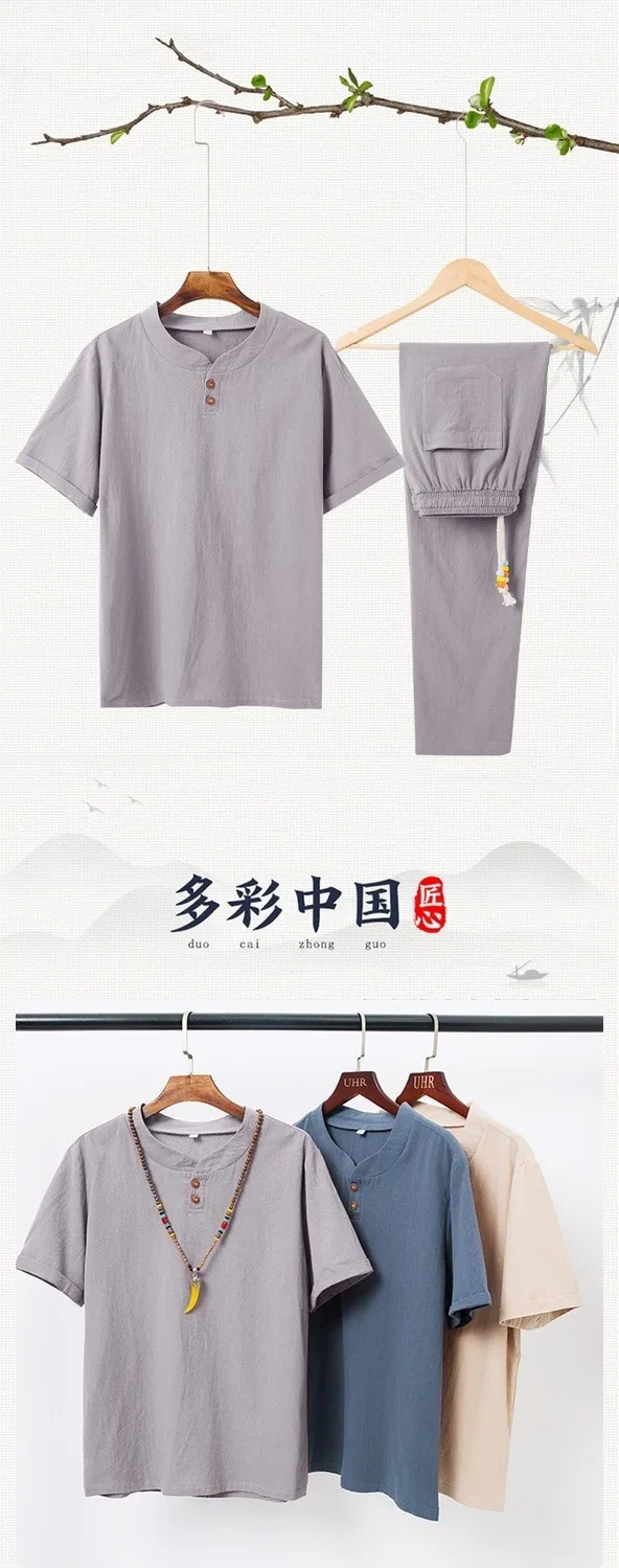 Linen Cotton T-shirt Men's Set Chinese Style Short Sleeve Sportswear +trousers 2 Piece Sets Summer Men Tracksuit Solid Suit