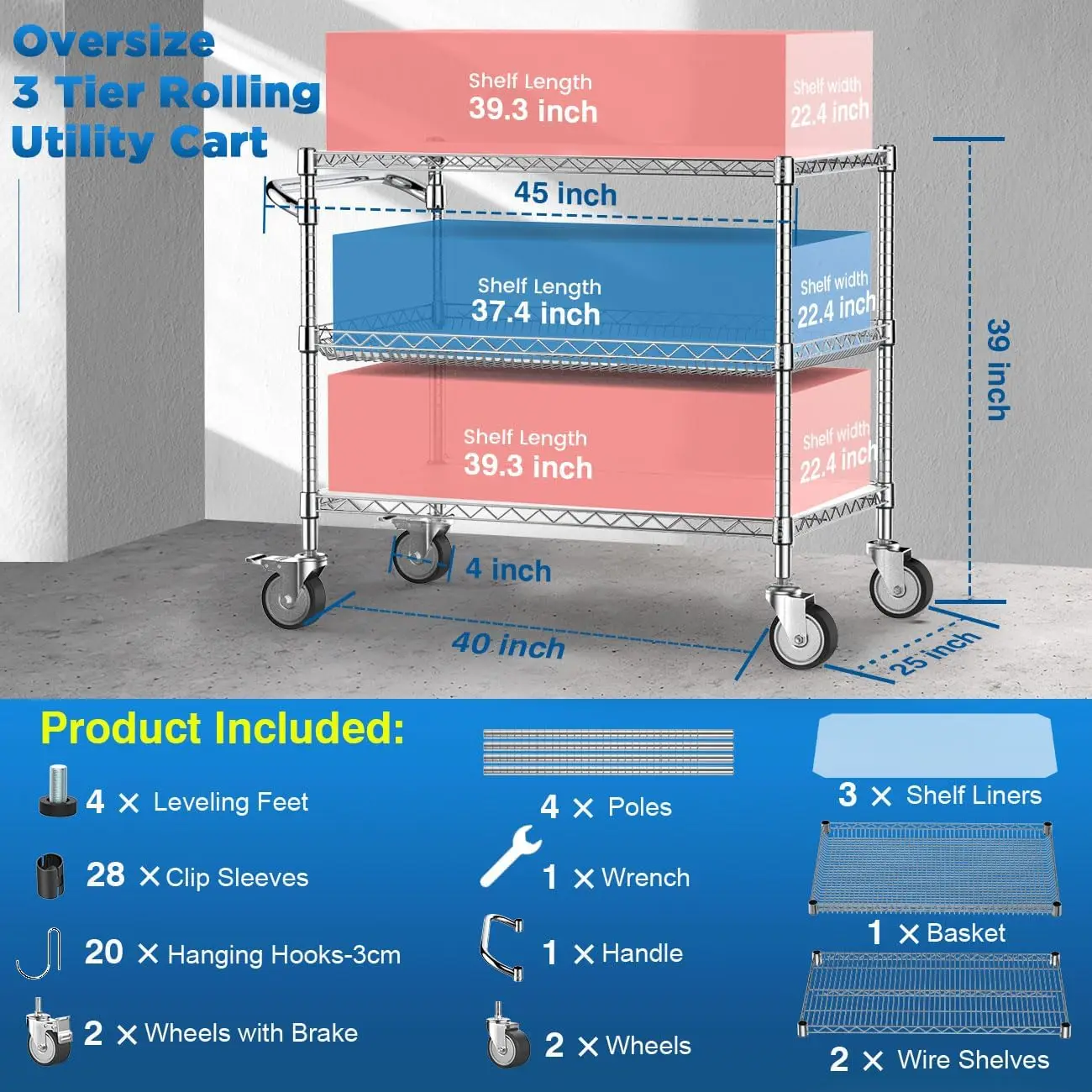 Heavy Duty Rolling Utility Cart,3 Tier Rolling Carts with Wheels, Handle Bar & Shelf Liners,45"