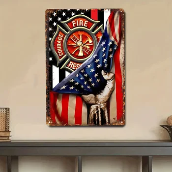 Firefighter Tribute Metal Sign - Patriotic American Flag & Fire Emblem - 8 x 12