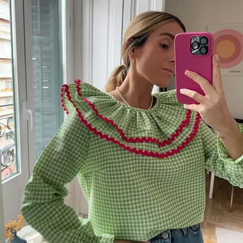 Women Green Plaid Puff Sleeve T Shirt Elegant Casual Ruffles O Neck Loose Tops 2024 New Spring Female Commuting Streetwear