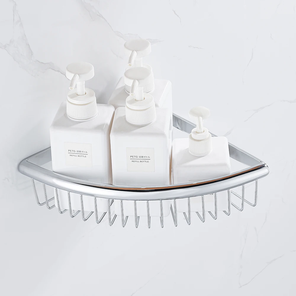 ชั้นวางฝักบัวสแตนเลสติดผนังชั้นวางสามเหลี่ยมเข้ามุมชั้นวางของในห้องน้ำชั้นเก็บของโครเมี่ยมอุปกรณ์เสริม 1