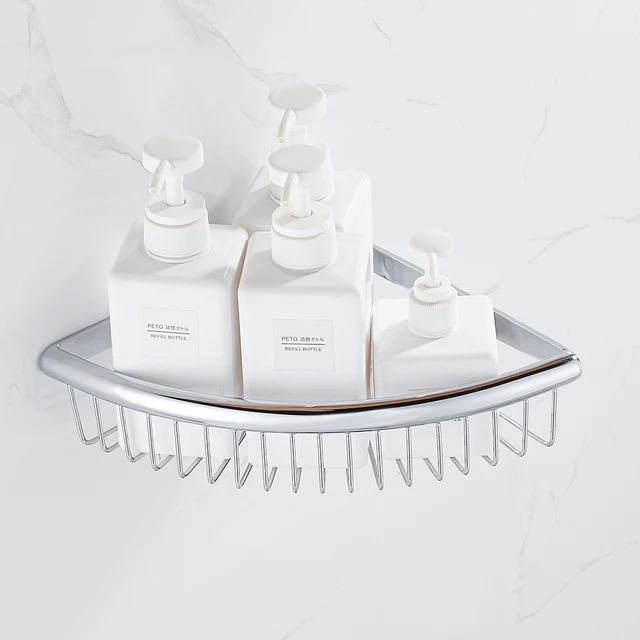 ชั้นวางฝักบัวสแตนเลสติดผนังชั้นวางสามเหลี่ยมเข้ามุมชั้นวางของในห้องน้ำชั้นเก็บของโครเมี่ยมอุปกรณ์เสริม 1