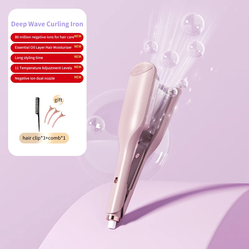 מגהץ לגלגול שיער ברזל גלי חוף מגהץ לגלגול שיער, כלי לגלגול שיער עמוק עם קרמיקה ורודה, 1.25 אינץ'