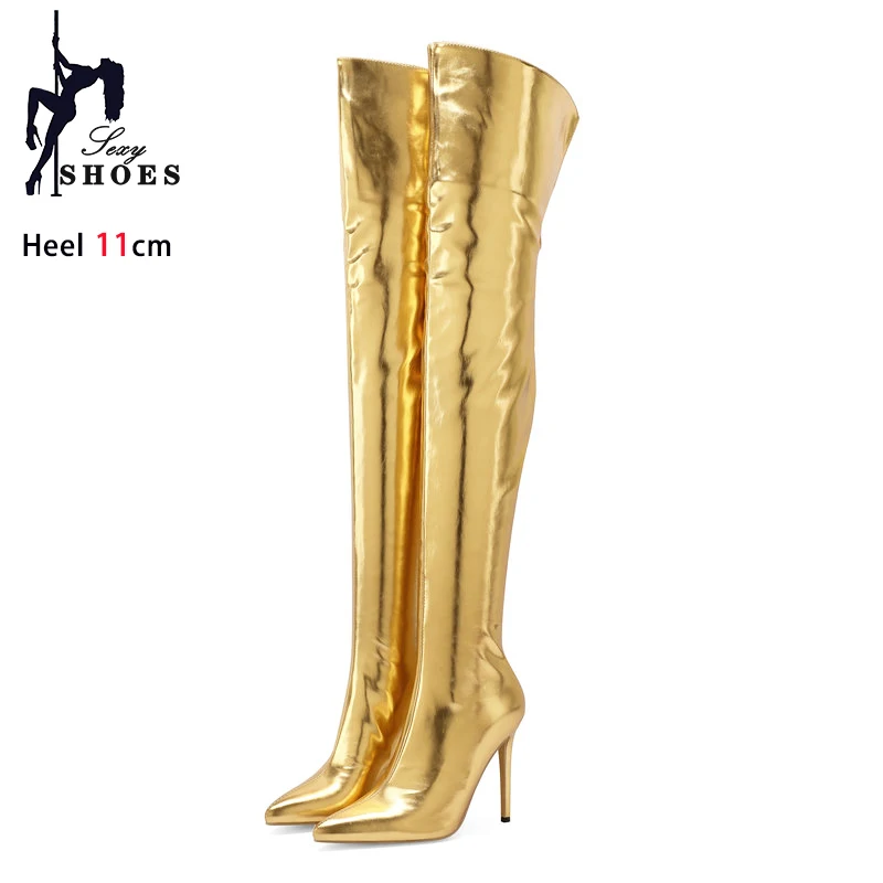 Thigh High Womens Boots 11CM Stiletto Sexy Over-the-Knee Boots Green Glitter Leather Nightclub Shoes For Lady Party Heels Botas