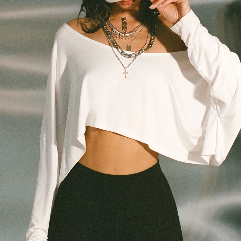 BIIKPIIK Casual Off Shoulder Solid Knitted Tops Concise Skew Collar Long Sleeve Autumn Tees For Women Sporty Irregular T-shirts 3