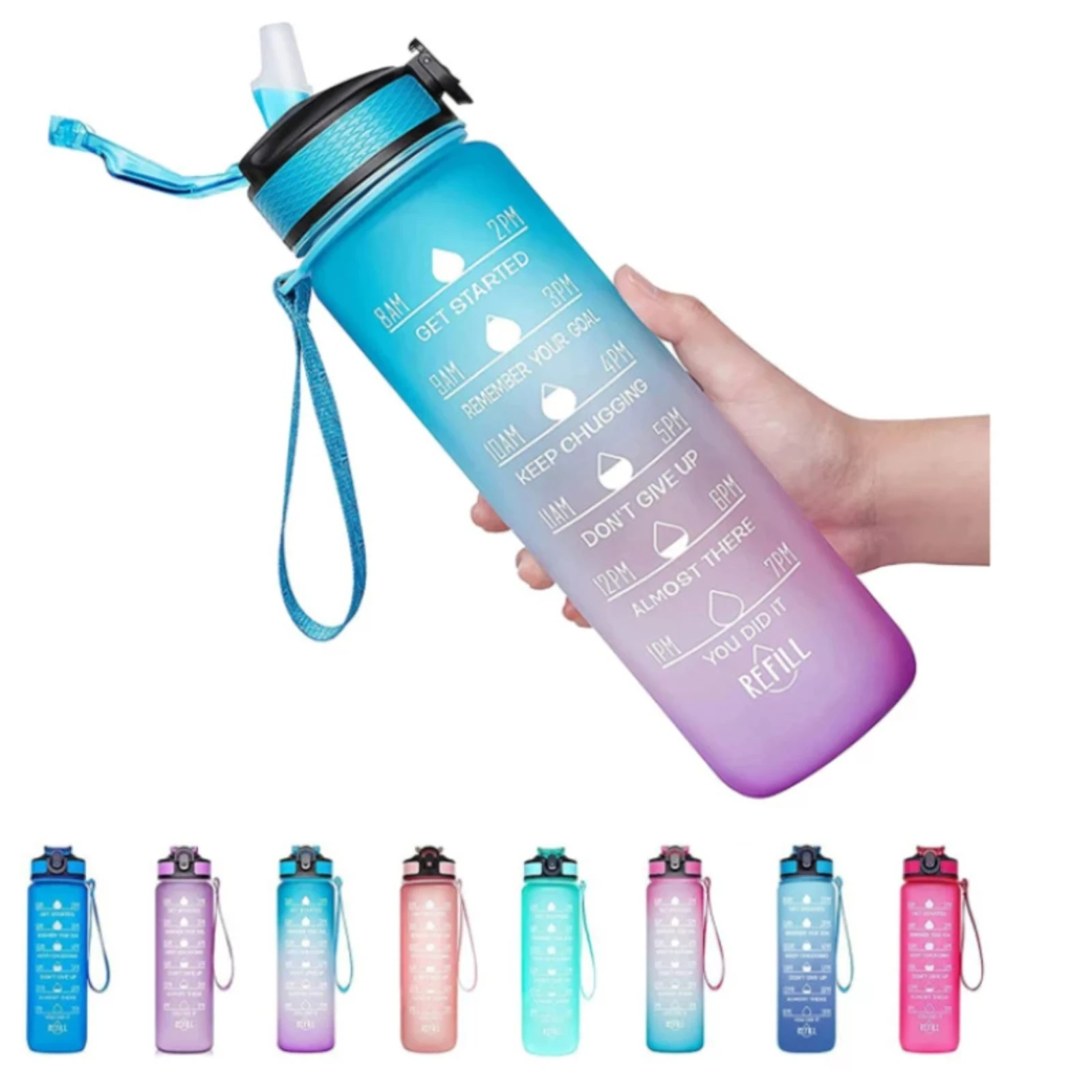 32oz Motivational Straw Type Water Bottle with Time Marker Leakproof Sports Bottle BPA Free