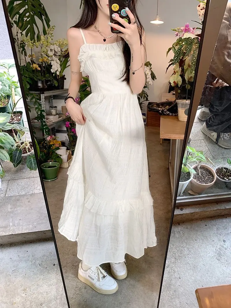 White Dress Women Sweet Ruffles Summer Sleeveless Princess Aesthetic A-line  Sundress Holiday Leisure French Style Designed 2023 - AliExpress 200000345