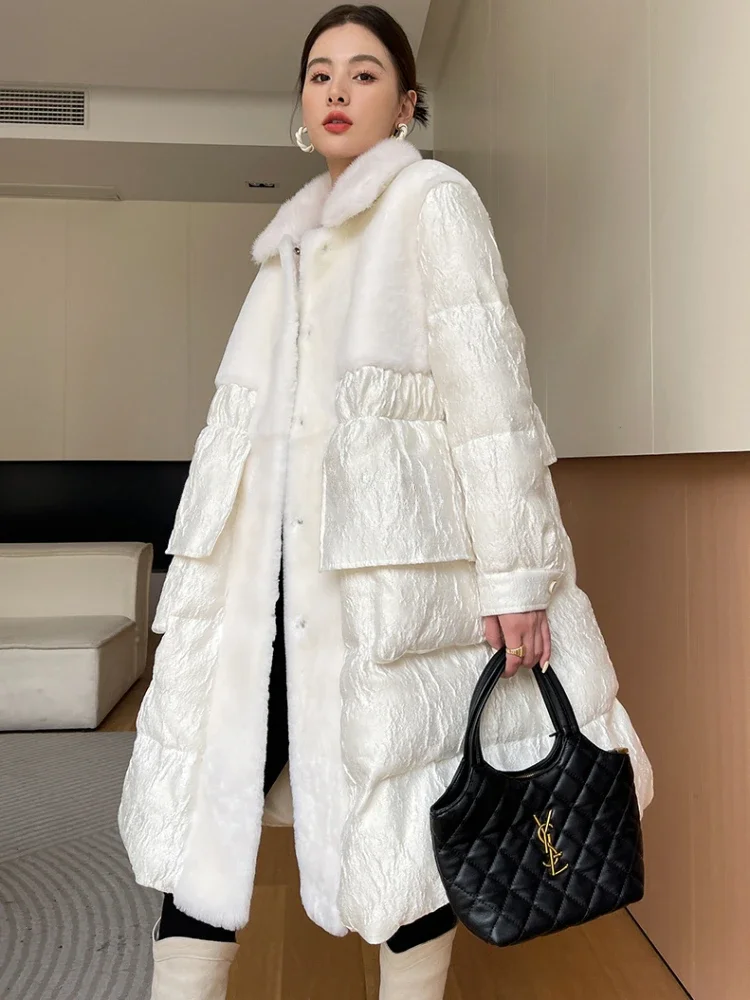 Winter Long Down Jacket for Women 2024 New High Quality Thickened Warm Patchwork Mink Fur White Goose Down Coats