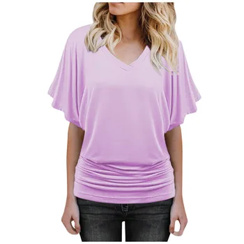 Soft Pleated Summer Bating Short Sleeved V-neck Solid Color T-Shirt Fashionable Classic Soft And Comfortable Daily Top For Lady 1