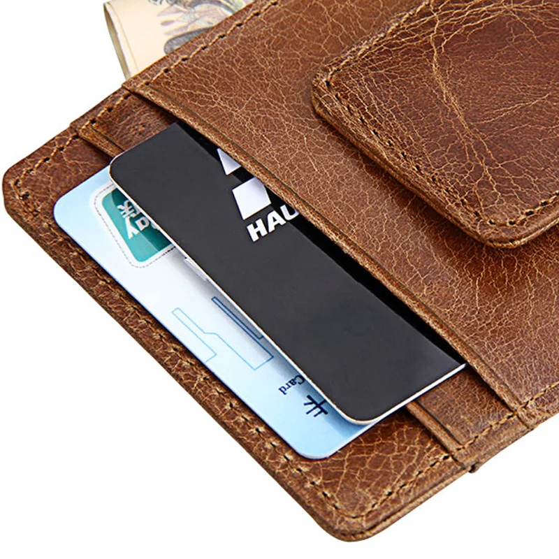 Cowhide Anti-magnetic Men's Money Clip with Iron Suction Retro Multi-card Card Holder Multifunctional Ultra-thin Short Wallet 3