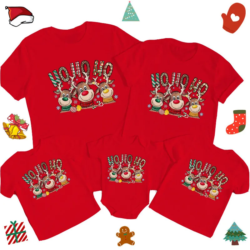 Oh Oh Oh Ropa navideña familiar de renos Camiseta de manga corta de algodón rojo Conjuntos familiares a juego para madre, niños y padre