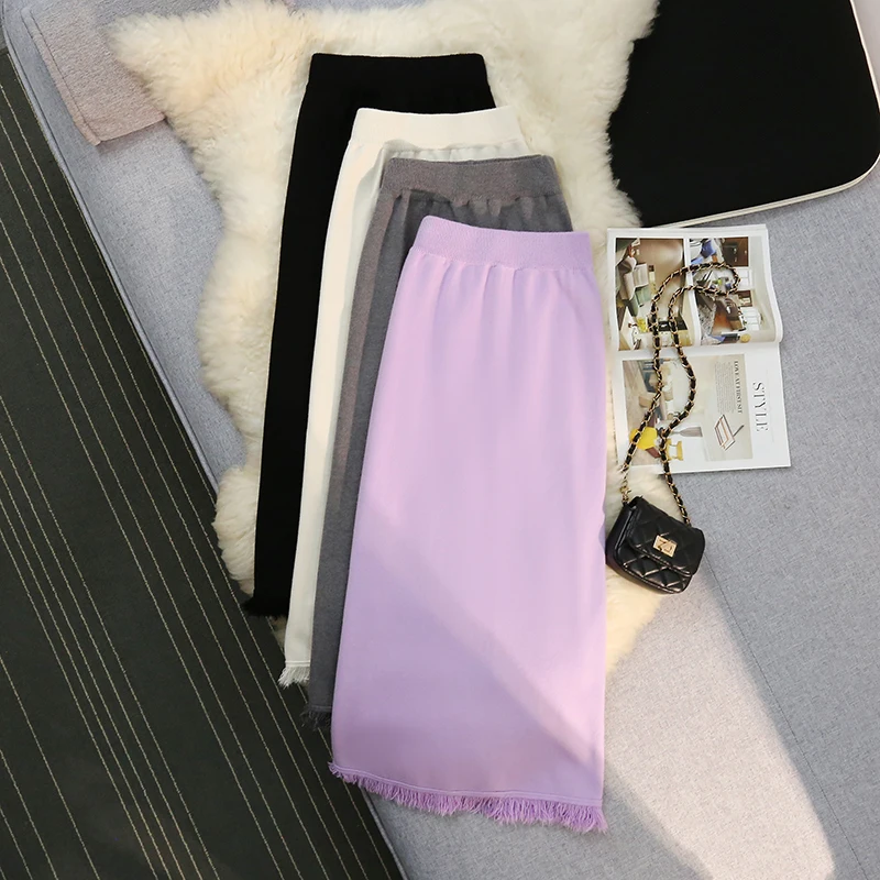 

Korean Fashion Knitted Skirts for Women Tassel A-line High Waist Faldas Ajustadas Female Skirt Ladies Autumn Long Skirt Dropship