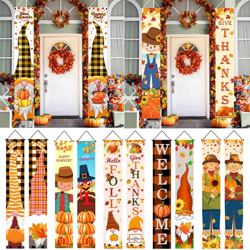 

Thanksgiving Day Door Couplet Pumpkin Front Porch Hanging Banner Sign Harvest Festival Party Decoration Autumn Farm Theme Decor