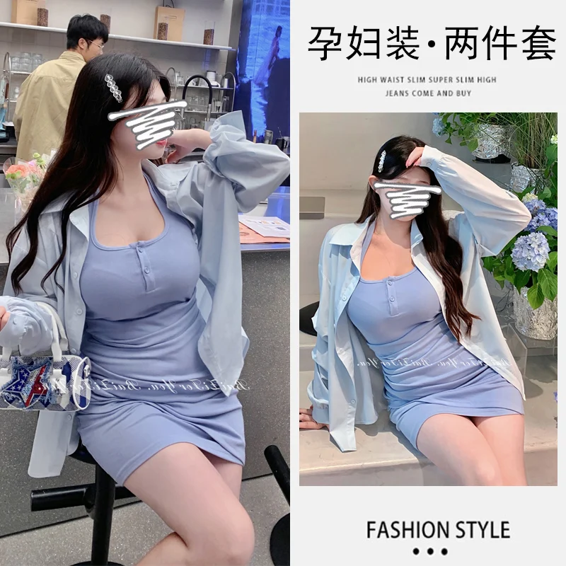 한국 스타일 임산부 의류 세트, 우아한 홀터 칼라, 민소매 원피스 긴팔 셔츠, 트윈셋 임신 정장, 2024 여름