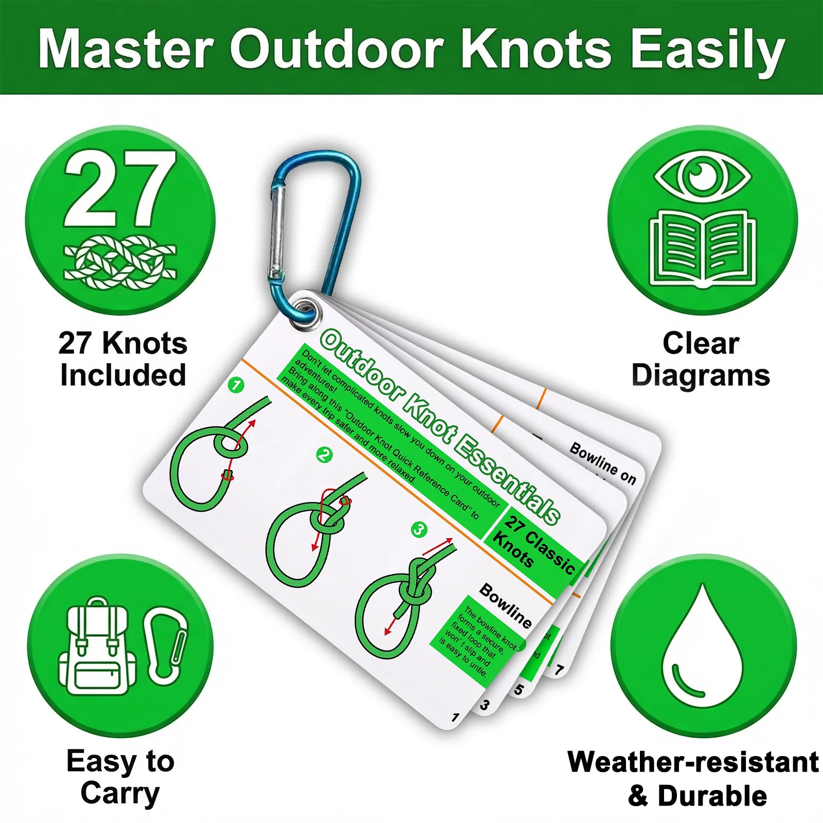 Rock Climbing Knot Cards Includes 27 Rope Knots,with Mini Carabiner to Clipping,Waterproof Knot Tying Cards Ultimate Knot Guides