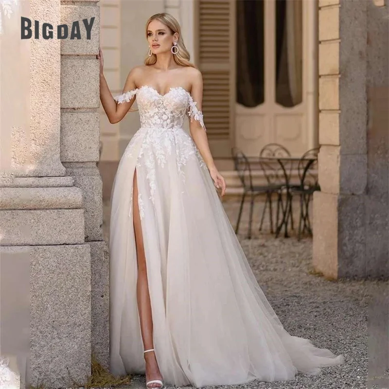 

Elegant A-Line Wedding Dress Women 2024 Lace Off The Shoulder Sweetheart Open Back Slit Bridal Gown Sweep Train Vestido De Noiva