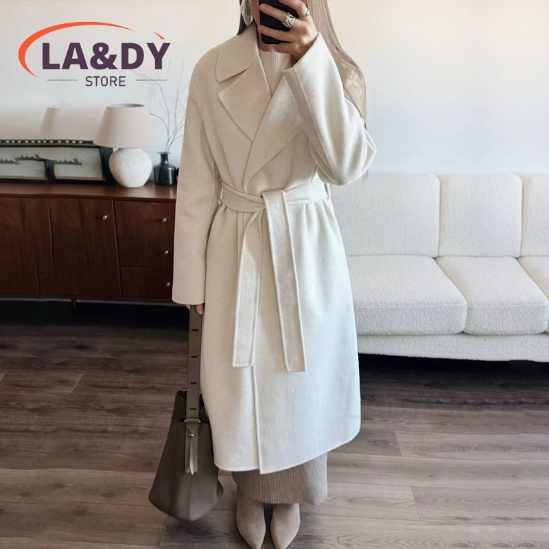 Woolen Coat High Quality 2024 Women Fashion Loose Lace-Up Female Solid Color Casual Long Sleeve Pockets Outerwear 3