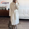Woolen Coat High Quality 2024 Women Fashion Loose Lace-Up Female Solid Color Casual Long Sleeve Pockets Outerwear 3