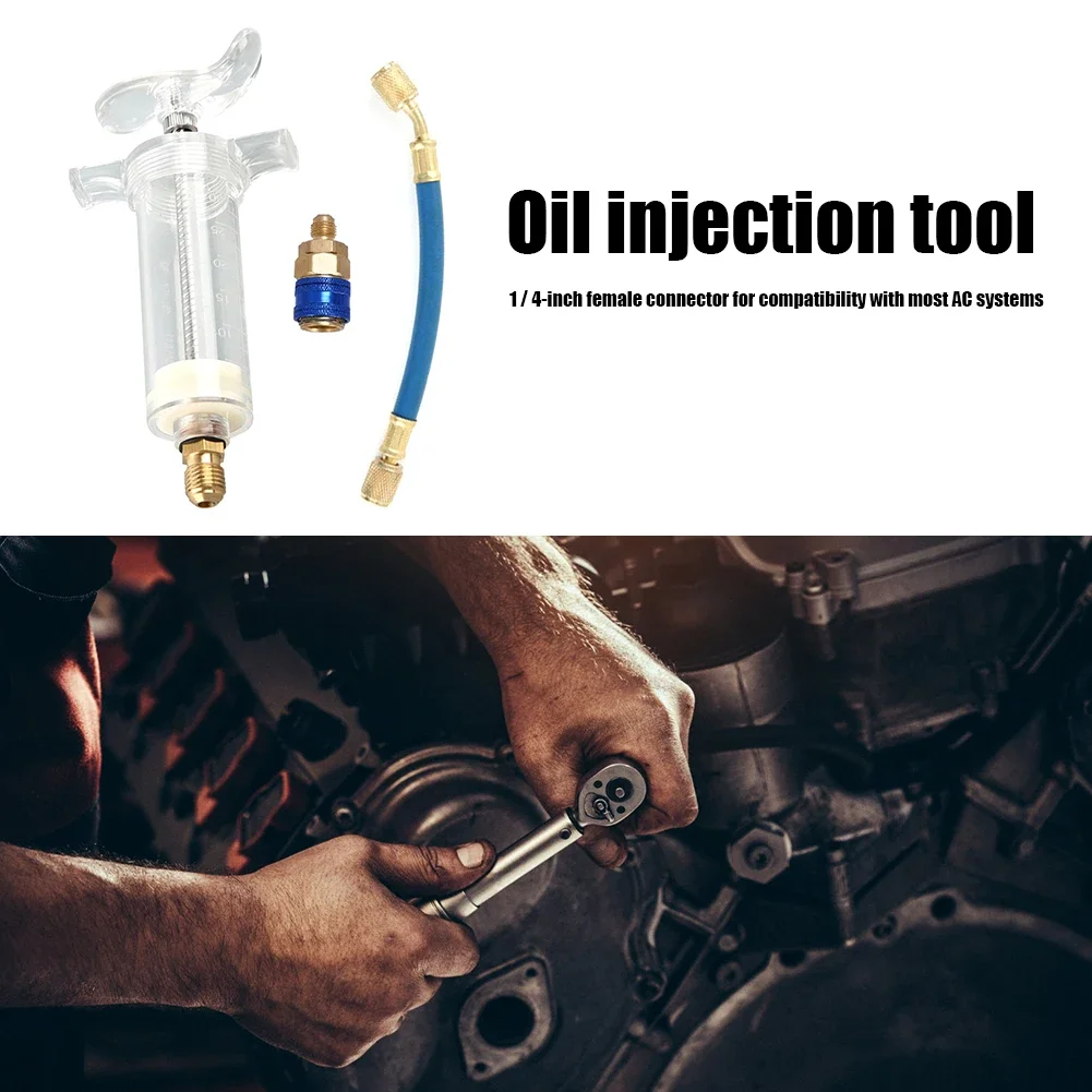 Car A/C Oil/Dye Injection 30Ml 1Oz With R-134A Low Side Quick Coupler Adapter 1/4  Air Conditioning Auto Manual Oiler Syringe