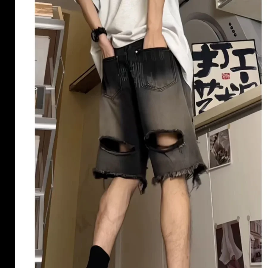 Loose Fit Men's Denim Shorts Summer Thin Style Frayed Hem Trendy Brand Five-Point American High Street Retro Horse Pants