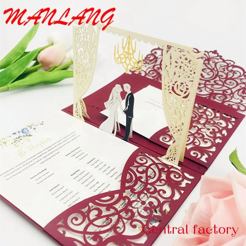 Custom  The spot Handmade 3D up Custom Three fold laser  hollow out carving  wedding invitation Card or Greeting Cards