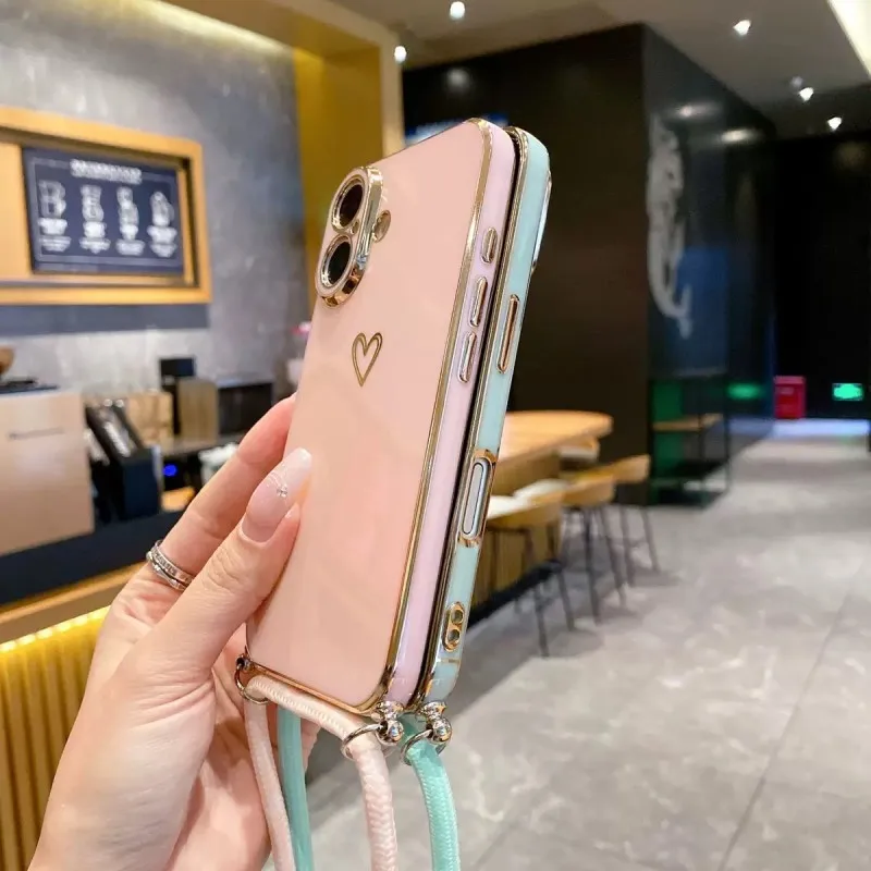 Elegant Crossbody Lanyard Case with Plating Love Design - Shockproof Camera Protection Cover