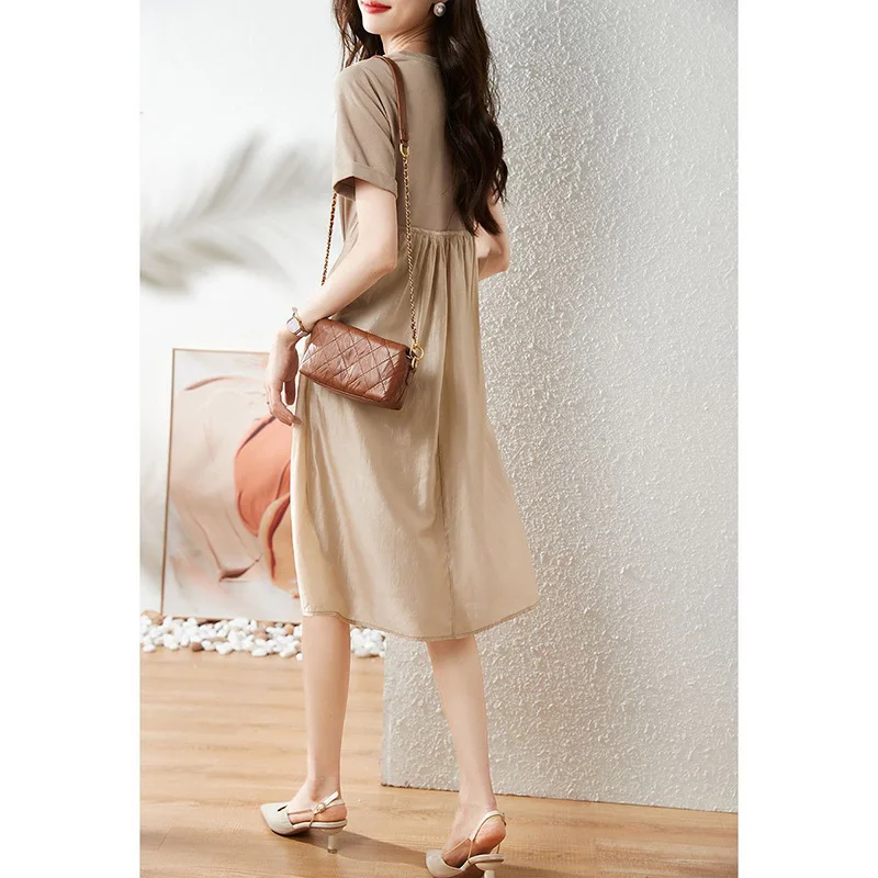 Fashion O-Neck Spliced Folds Short Sleeve Dress Women's Clothing 2024 Summer New Loose All-match Solid Color Party Dress