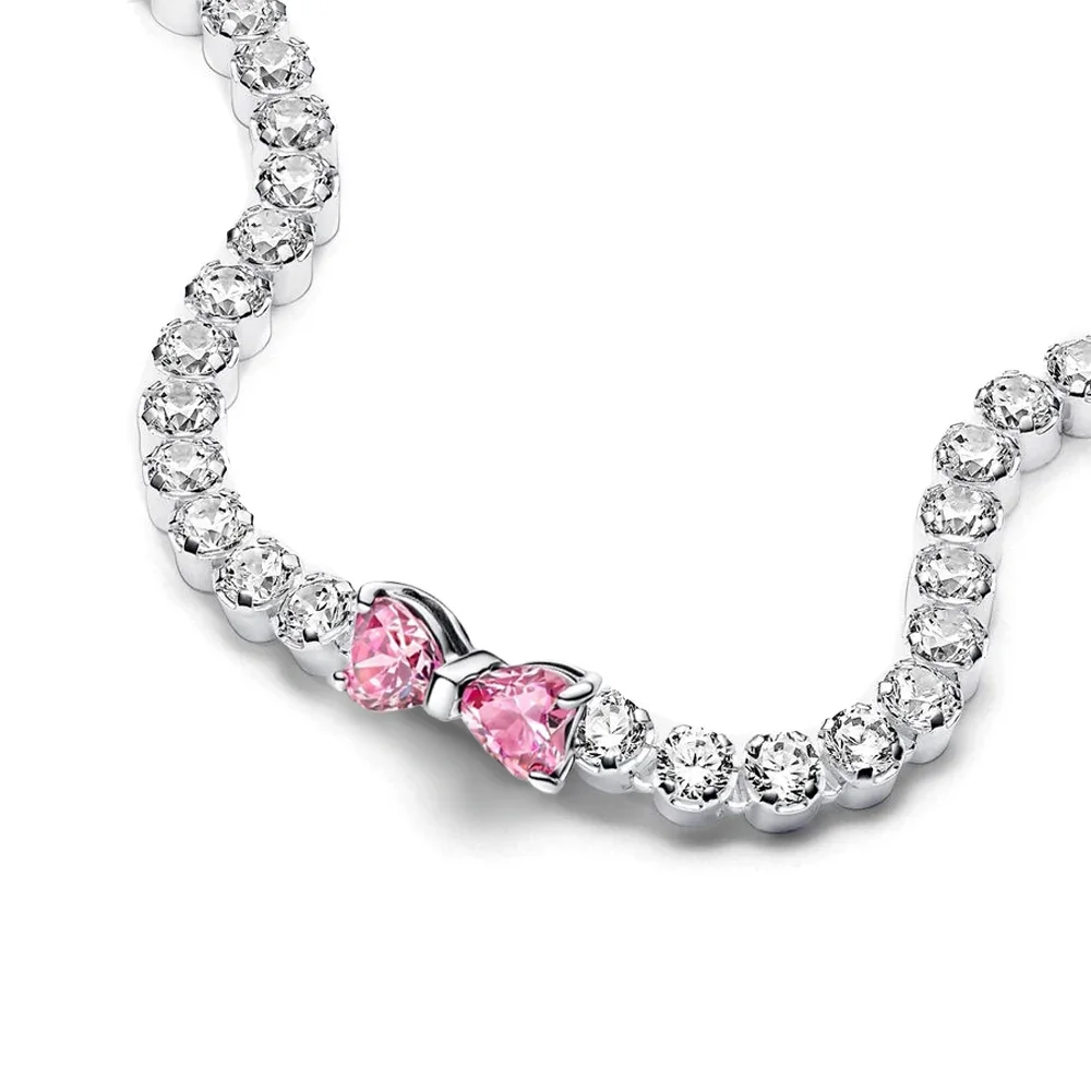 2025 Valentine New 925 Silver Pink Bow Full Diamond Bracelet Original 17-20CM Fit DIY Charm Women Birthday Jewelry Gifts 3