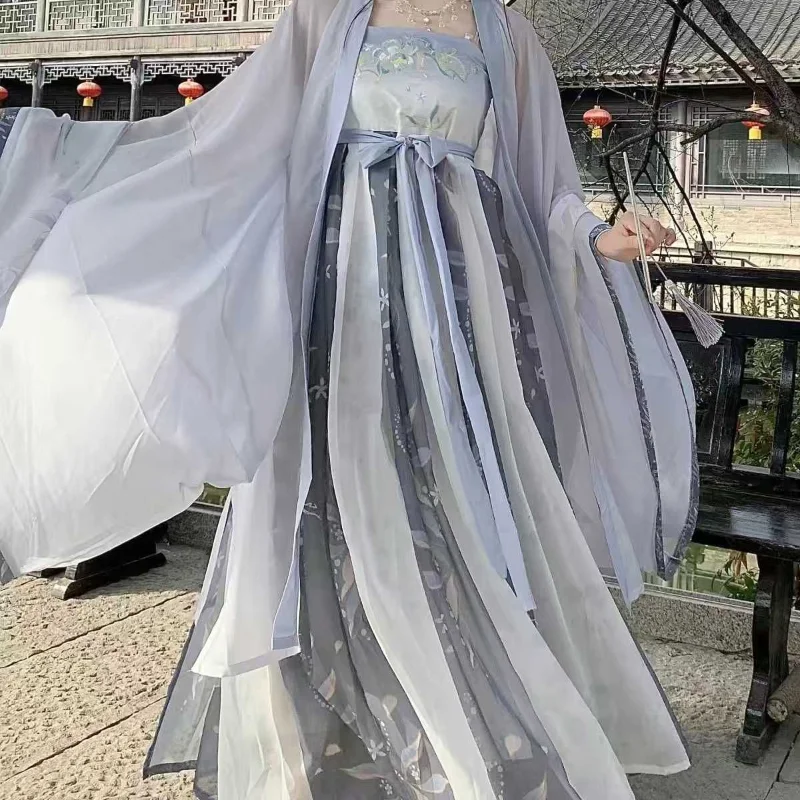 Chinese Style Hanfu Dress Set Women Traditional Elegant Flower Embroidery Princess Dress Tang Dynasty Sweet Dance Stage Costumes