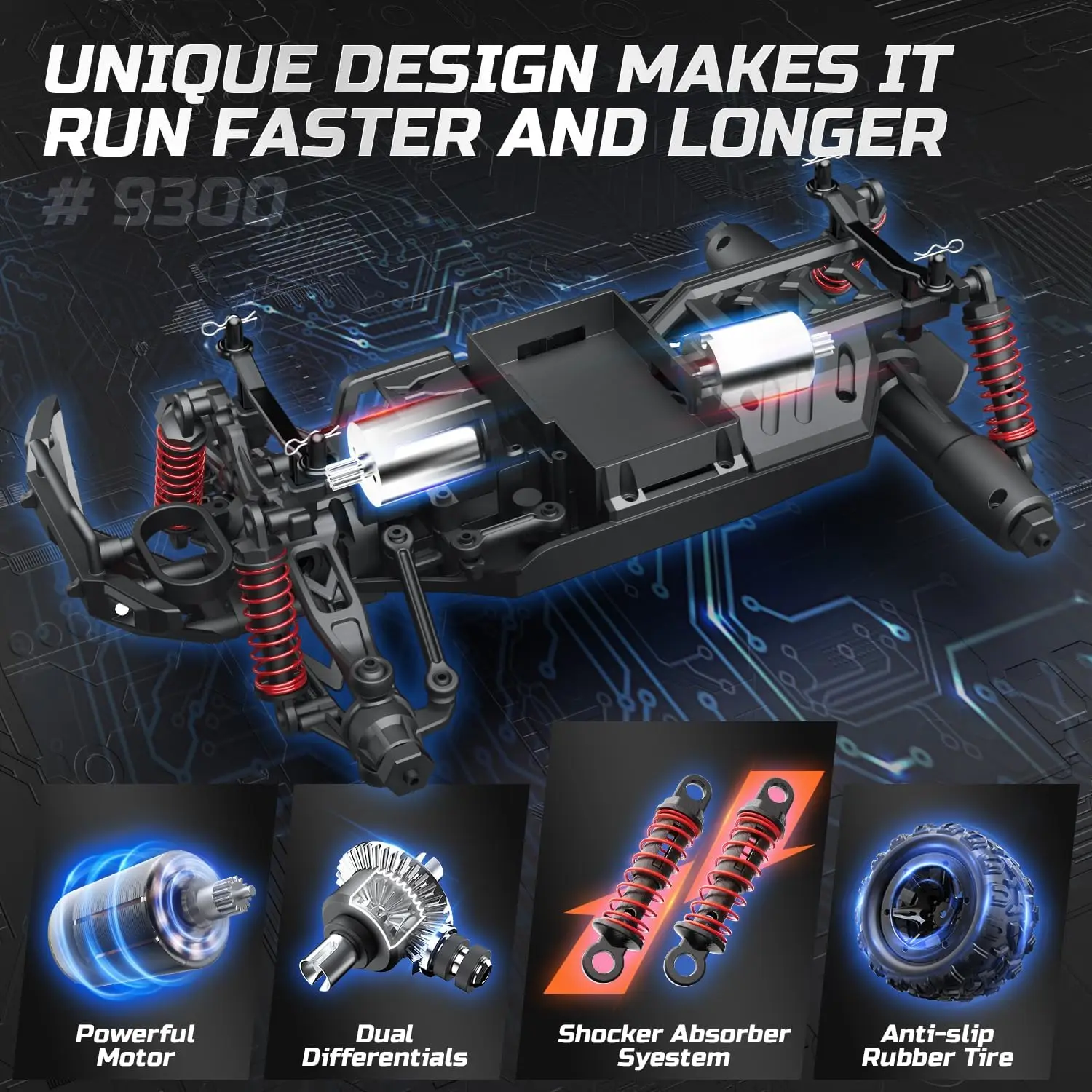 DEERC 9300 1:16 Scale RC Car, 40 KM/H, 4WD Off-Road Monster Truck, 2.4GHz, 2 Rechargeable Batteries 2
