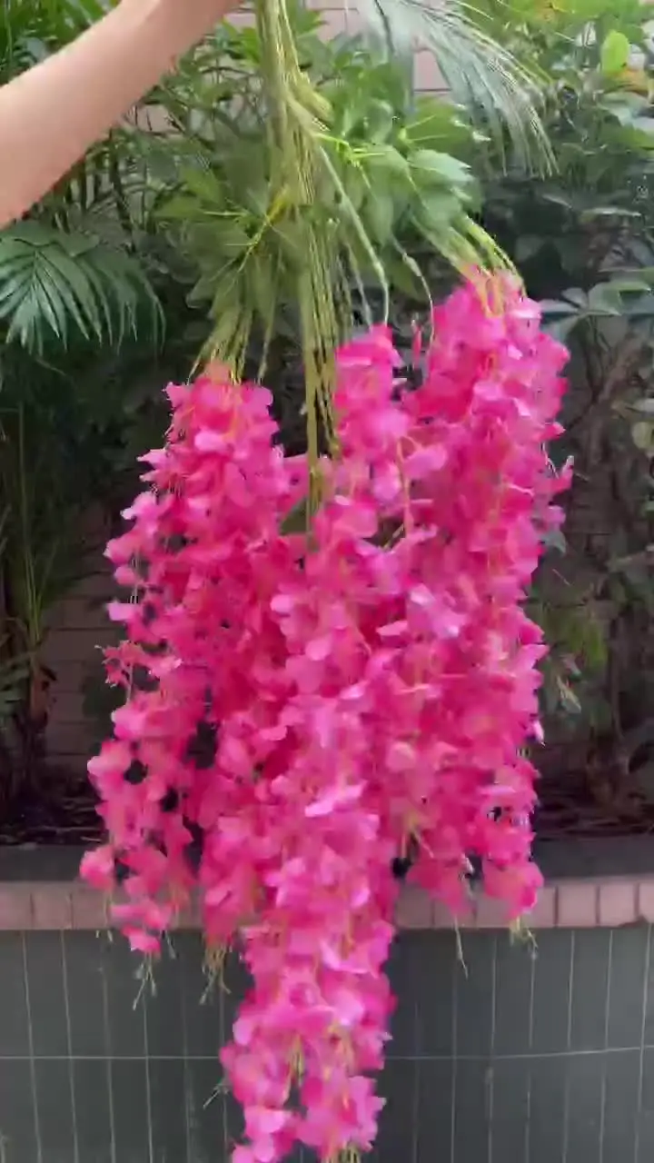 Fjquamitix Ghirlanda di fiori artificiali da 1,5 m, in rattan, da appendere, per interni ed esterni, decorazione per matrimoni (rosa scuro