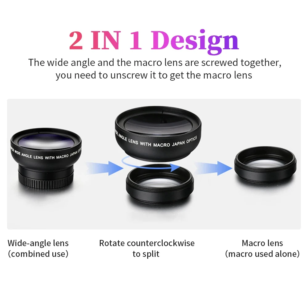Camera Lens 2 in 1 Phone Lens kit 0.45x Ultra Wide Angle Macro External Cellphones Lens HD Universal Clip 37mm For iPhone Andr