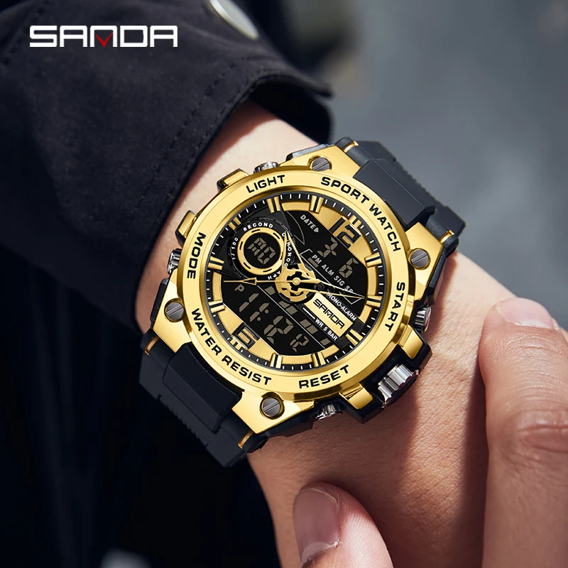 2023 SANDA Quartz Watch For Men Wristwatches 50M Waterproof Alarm Male Clock Dual Display Digital Wrist Watches Sports Watches