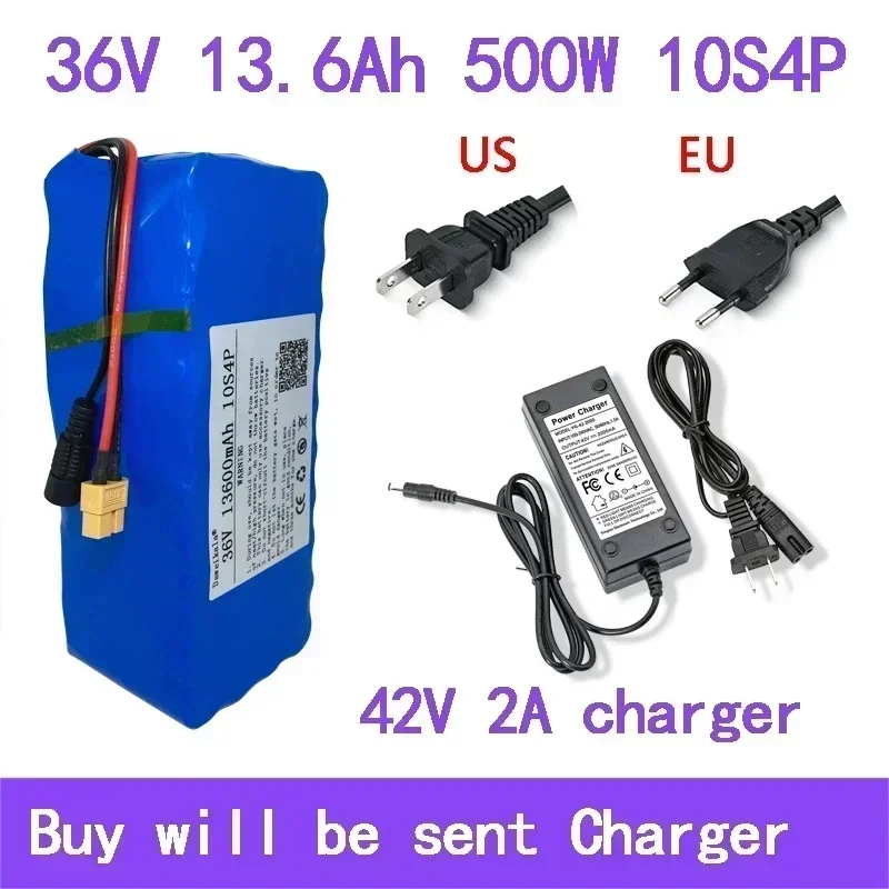 

36V 13600mAh 500w 10S4P XT60 18650 Lithium ion Battery Pack 13.6Ah For 42V E-bike Electric bicycle Scooter with BMS+2A Charger
