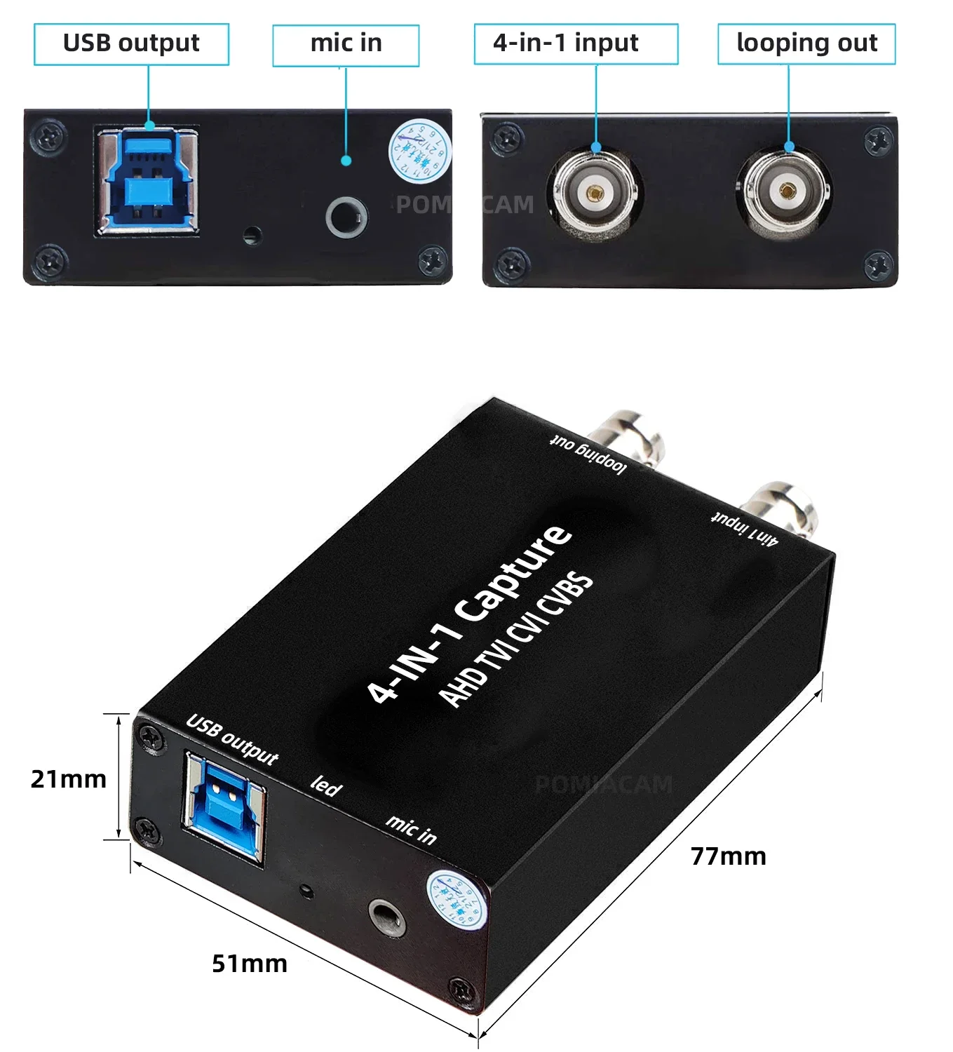 Video Capture 4 in 1 AHD CVBS CVI TVI To USB 3.0 Video Converter 1080P 60FPS Audio Video for OBS,PotPlayer Capture Card
