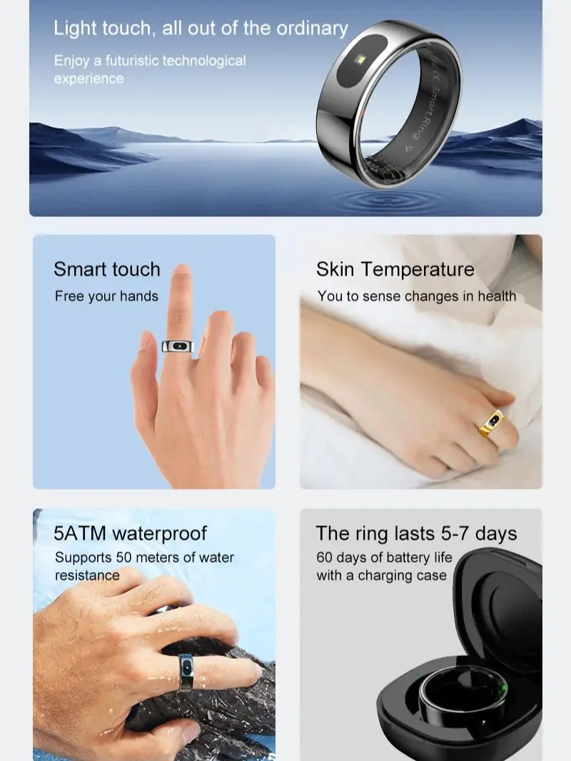 R08 Smart Ring voor mannen en vrouwen met aanraakbediening, gezondheidsmonitor, IP68 5ATM waterdicht, huidtemperatuurmeting, nieuwe slimme ring_voghion.com
