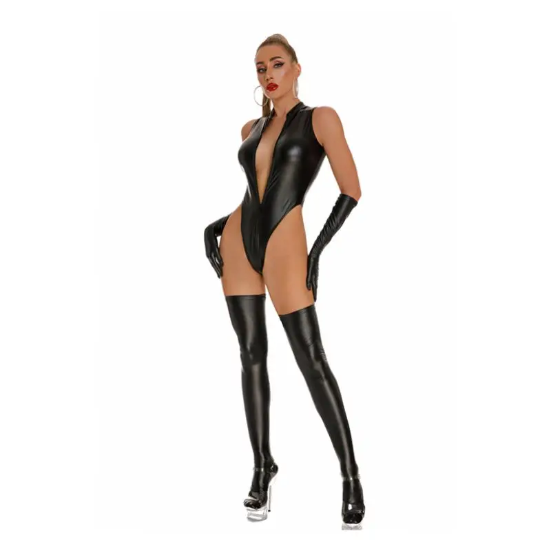 

One Piece Lingerie Erotic Teddies with Socks Gloves Bodysuit Sexy Women Leather Body Suit Plus Size 5XL Porno Costume Intimates