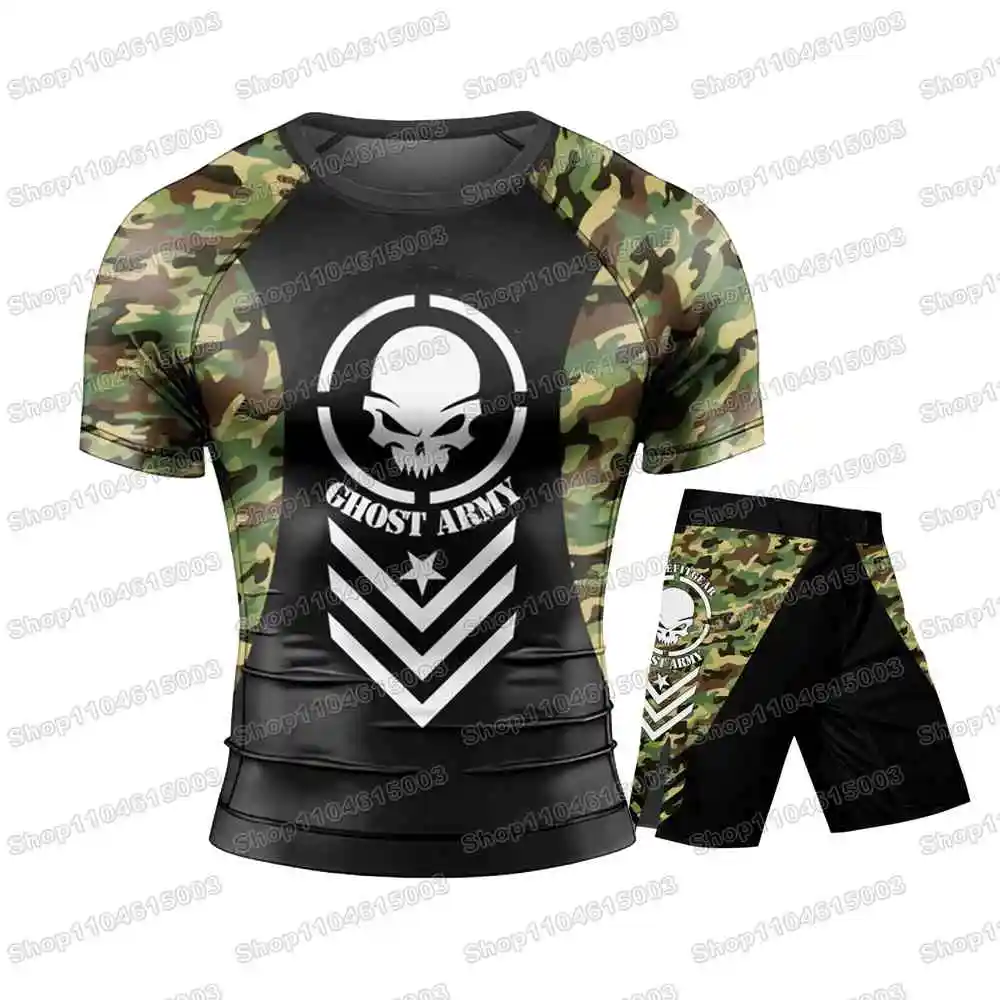Ghost Army WWF Wrestling Rash Guards Surfing Jersey Beach Shirts Swimwear Diving Gym Shorts MMA BJJ Men Jiu Jitsu Fitness Sets