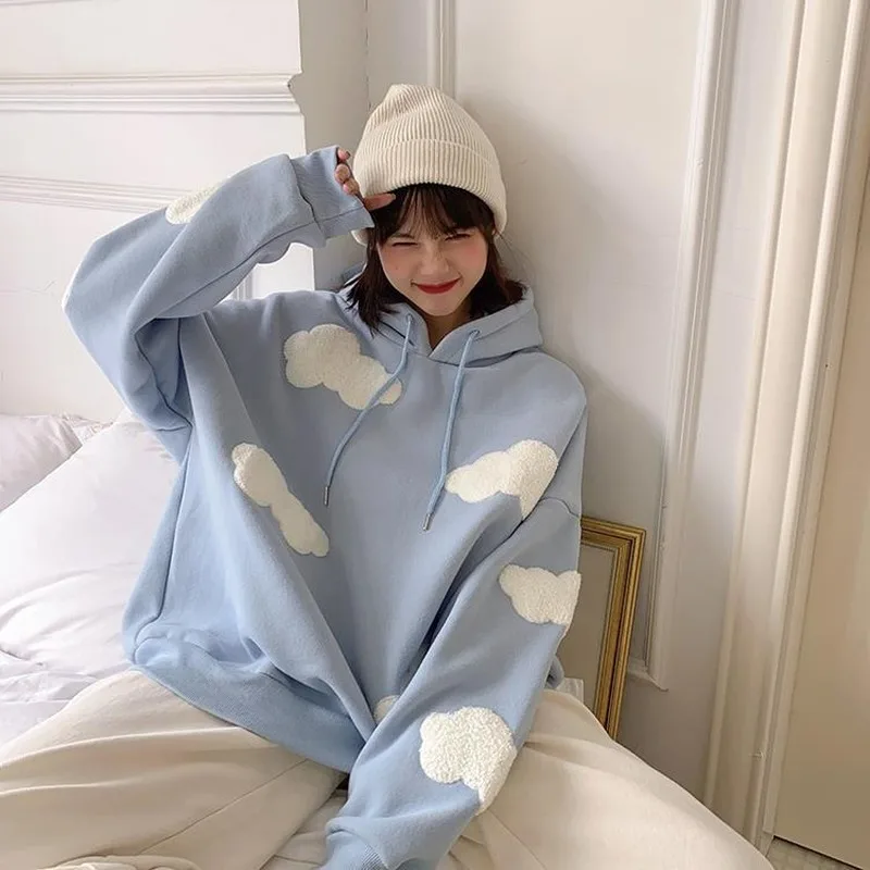 2021 Women Winter Korean Sweatshirt Fashion Plus Velvet Warm Clouds Pullover Women Kawaii Long Sleeve Tops Casual Hoodies Female