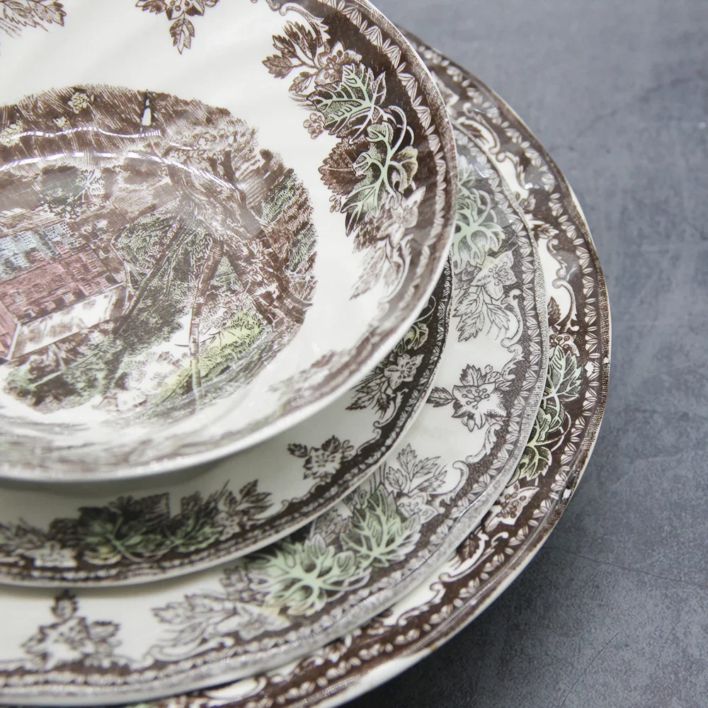 The Friendly Village Dinner Set England Style Ceramic Breakfast Plate Beef Dishes Dessert Dish Soup Bowl