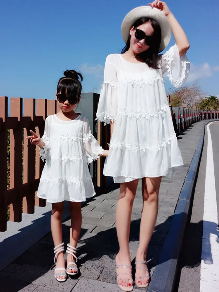 

Parent-child Summer Dress New Mother and Daughter Loose Three-dimensional Lace Two-piece Mid-length Dress mommy and me