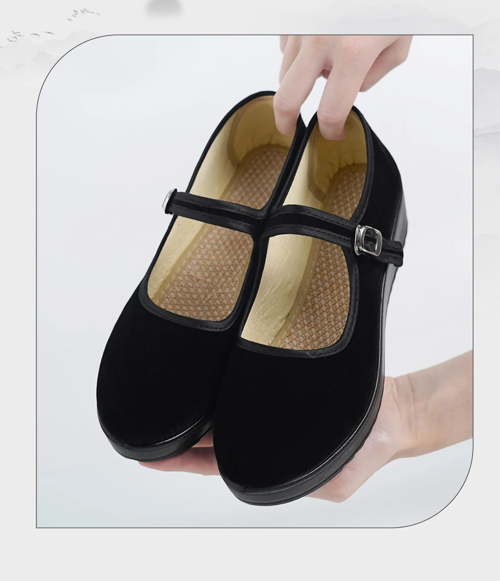Damen-Mary-Jane-Schuhe aus schwarzem Samt mit Keilabsatz für Yangko-Tanzmädchen, rutschfeste ethnische Schuhe, Graduierungsexamen, spezialisierte Tanzschuhe – Detail 13