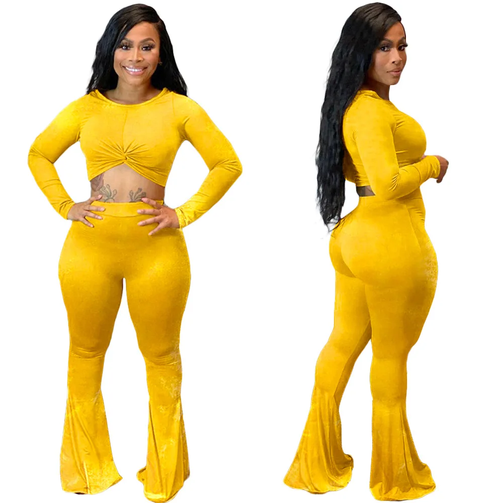 Y5206 Autumn and Winter New European and American Fashion Casual Sexy Solid Color Golden Velvet Flare Pants Long Sleeve Set